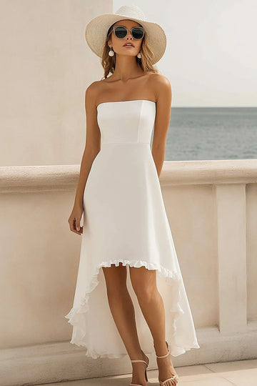 Simple White Strapless A Line High-Low Holiday Party Dress